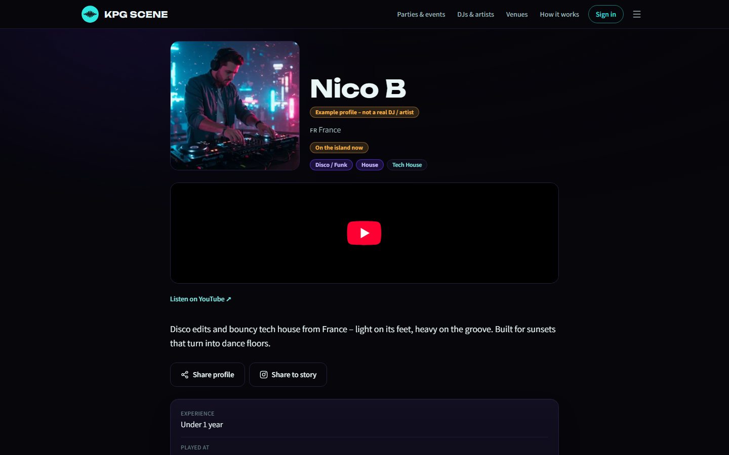 KPG Scene example artist profile